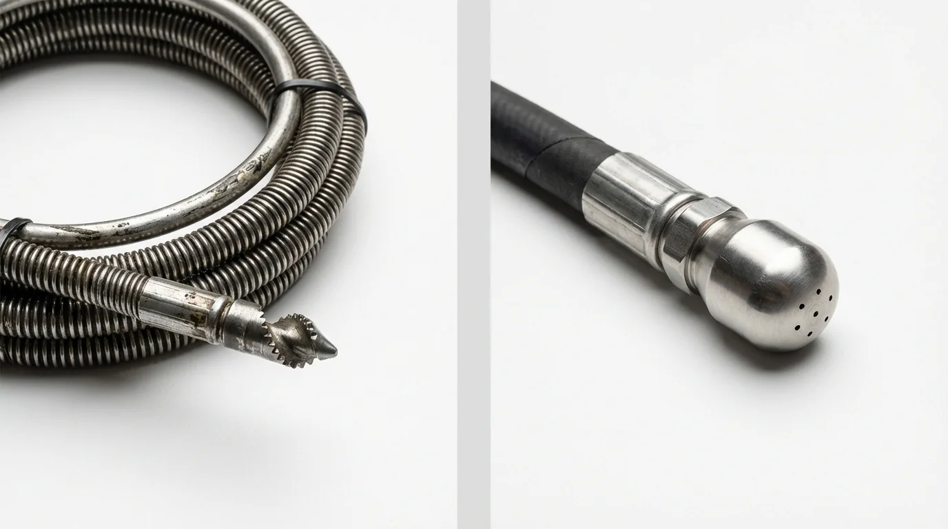 Drain snake cable and hydro jetting nozzle used for drain cleaning in Smithfield, RI