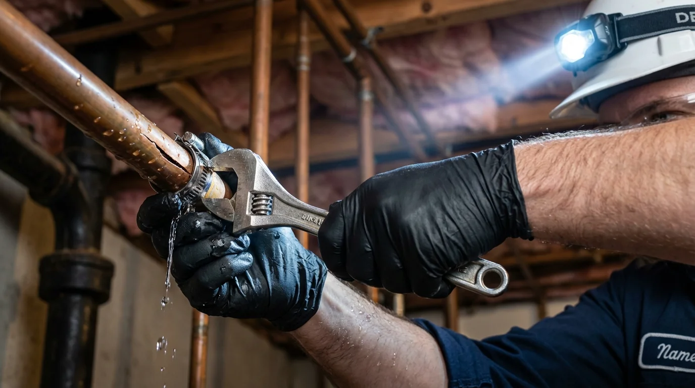 Emergency pipe clamp repair being performed by a Johns Plumbing LLC plumber in Smithfield