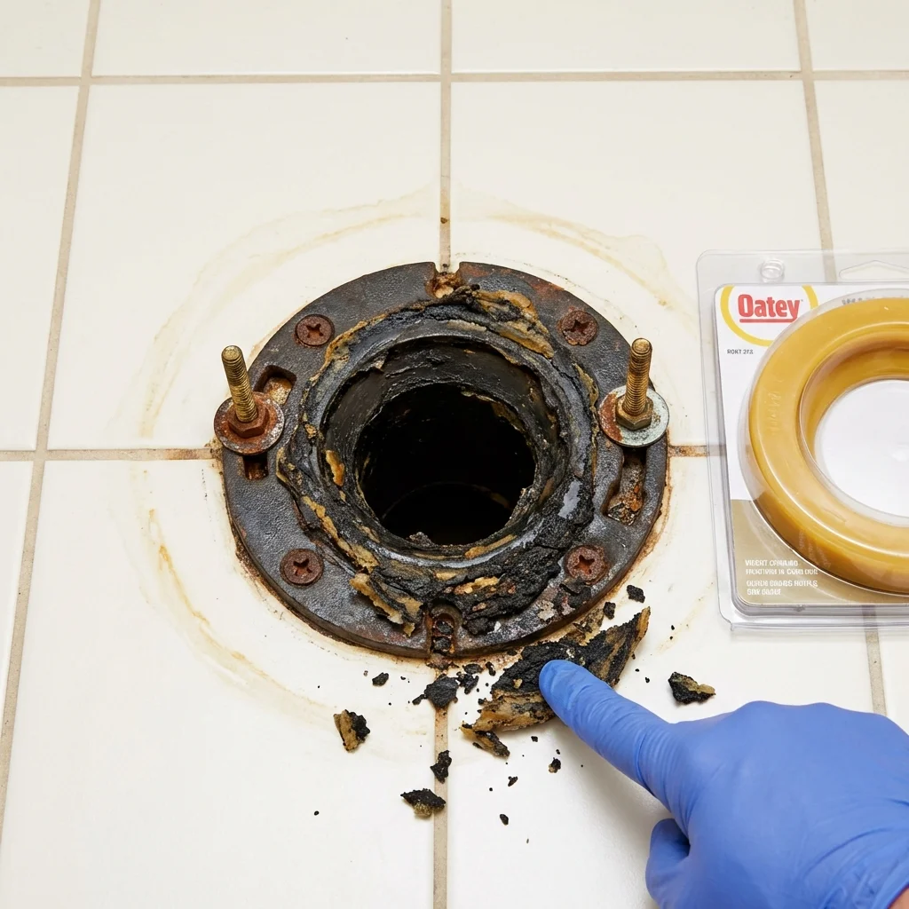 Failed wax ring showing water seepage at the base of a toilet in a Smithfield, RI home