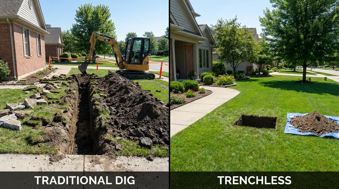 Trenchless sewer repair with minimal yard damage versus traditional excavation in Smithfield, RI